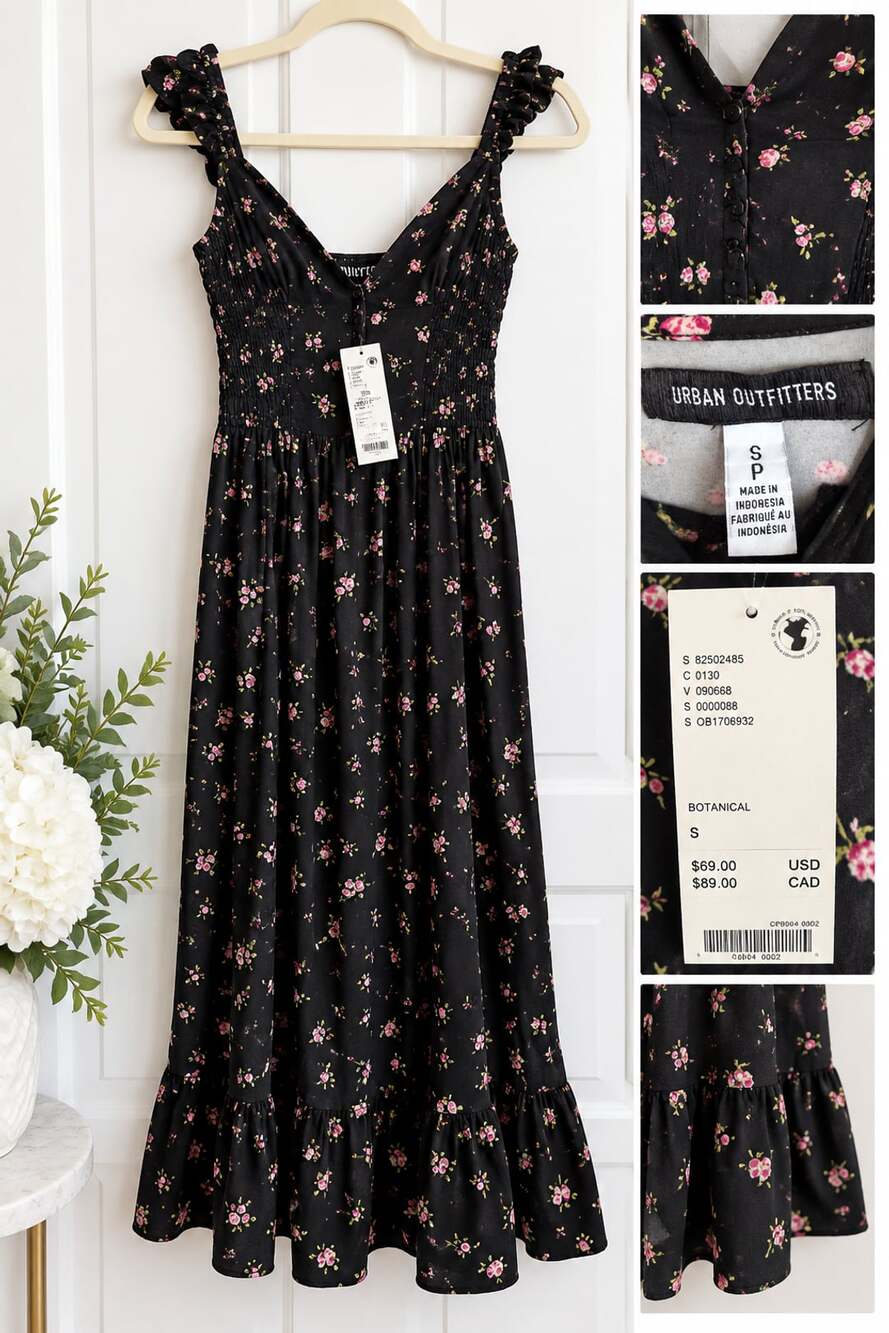 Urban Outfitters Botanical Smocked Midi Dress Black Floral Ruffle NWT